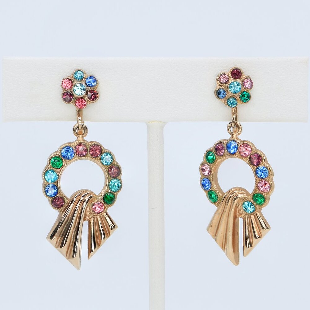 Vintage Gold Tone Multicolor Rhinestone Circle Screw Back Dangle Earrings 1940s